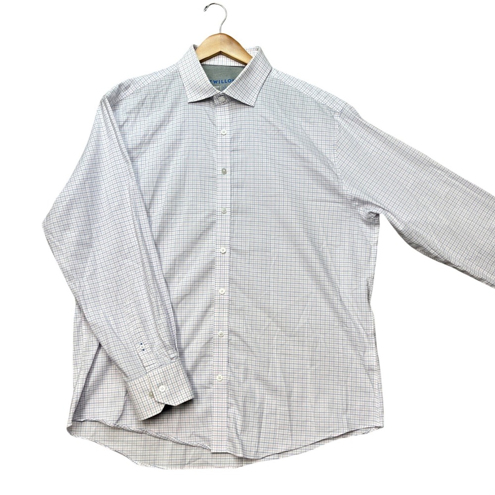 Twillory Performance Shirt Mens 18‎ 34-35 White Blue Pink Check Tailored Fit EUC